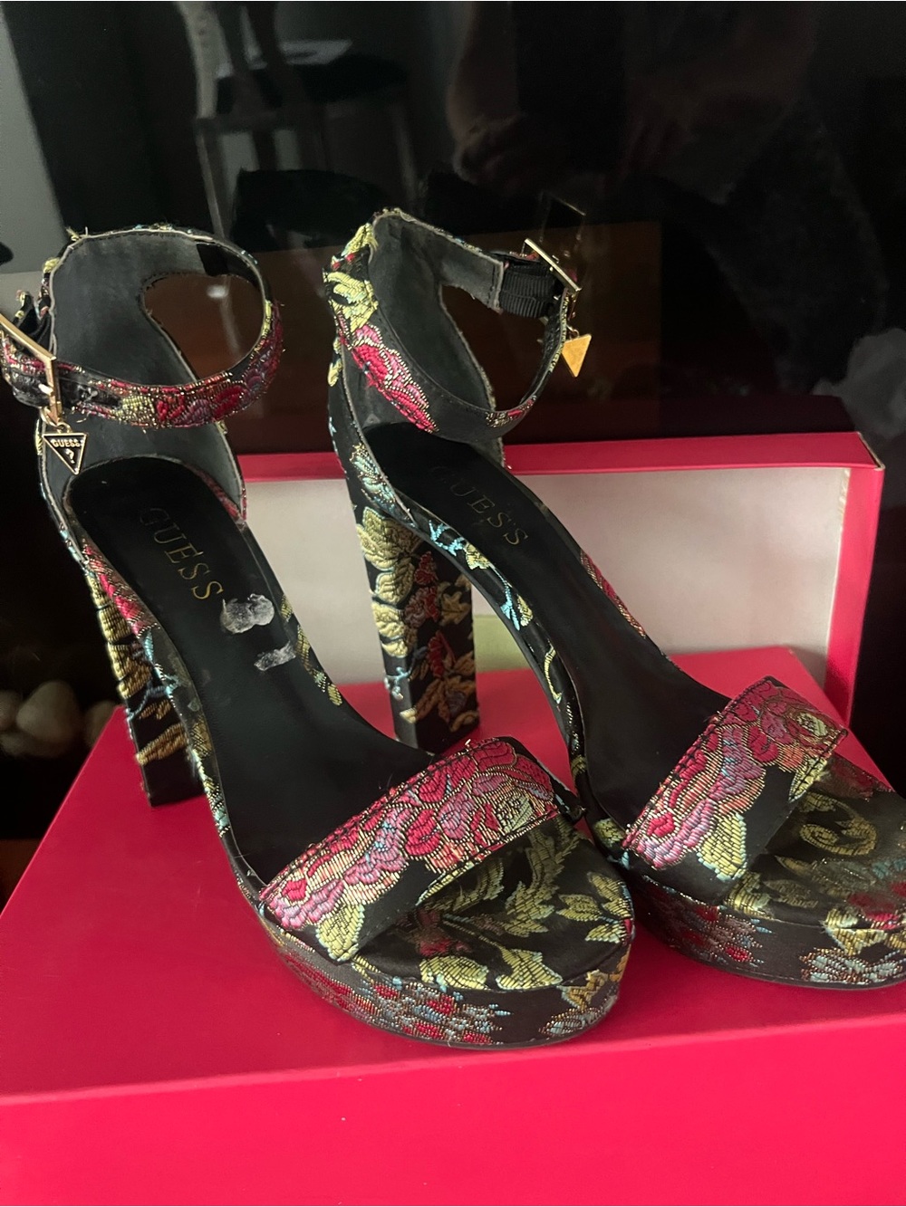 Guess Multicolor Floral Platform Heels — Black Base with Pink & Gold Accents